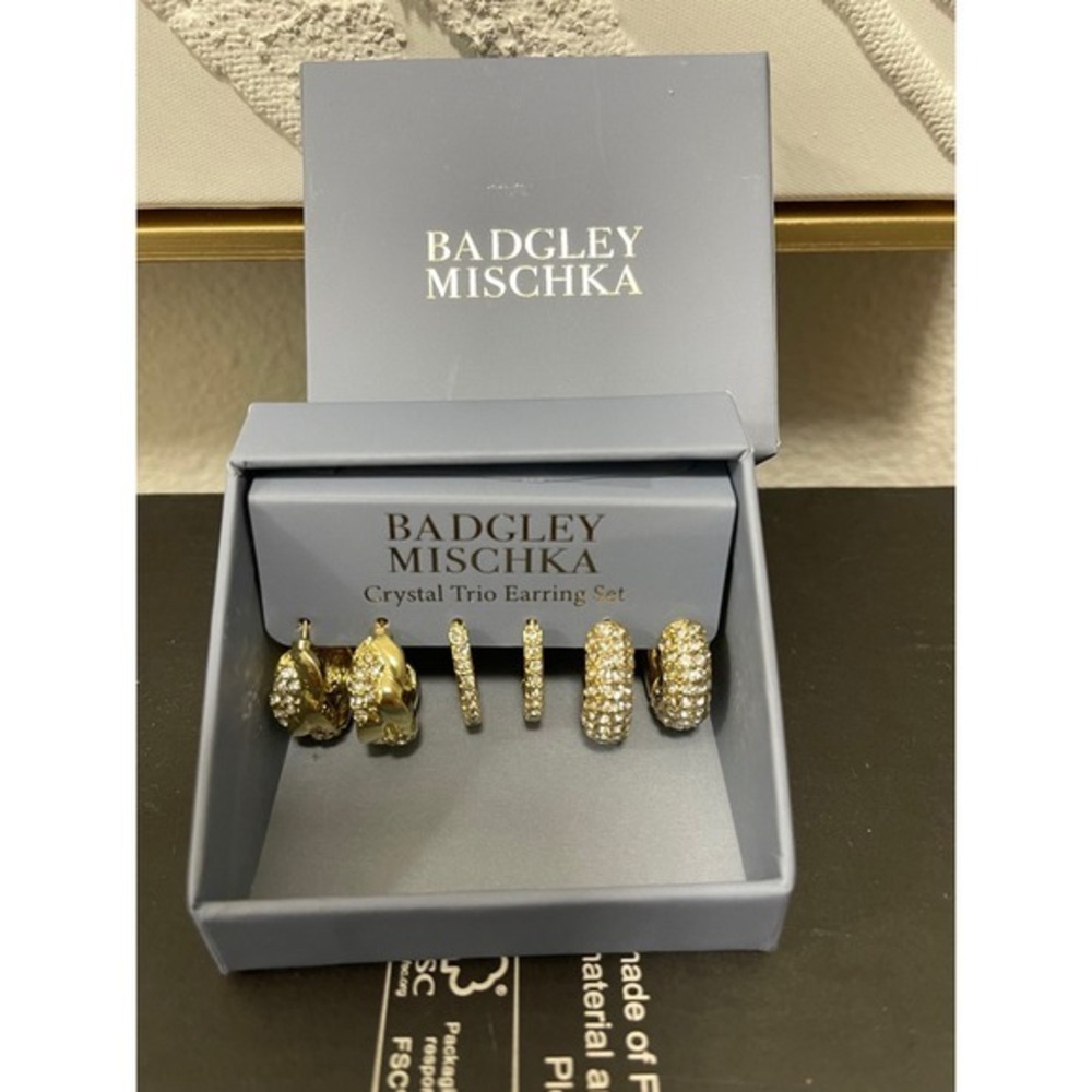 Badgley Mischka Crystal Trio Earring Set Gold Tone Pave Hoop Earrings 3 Pairs